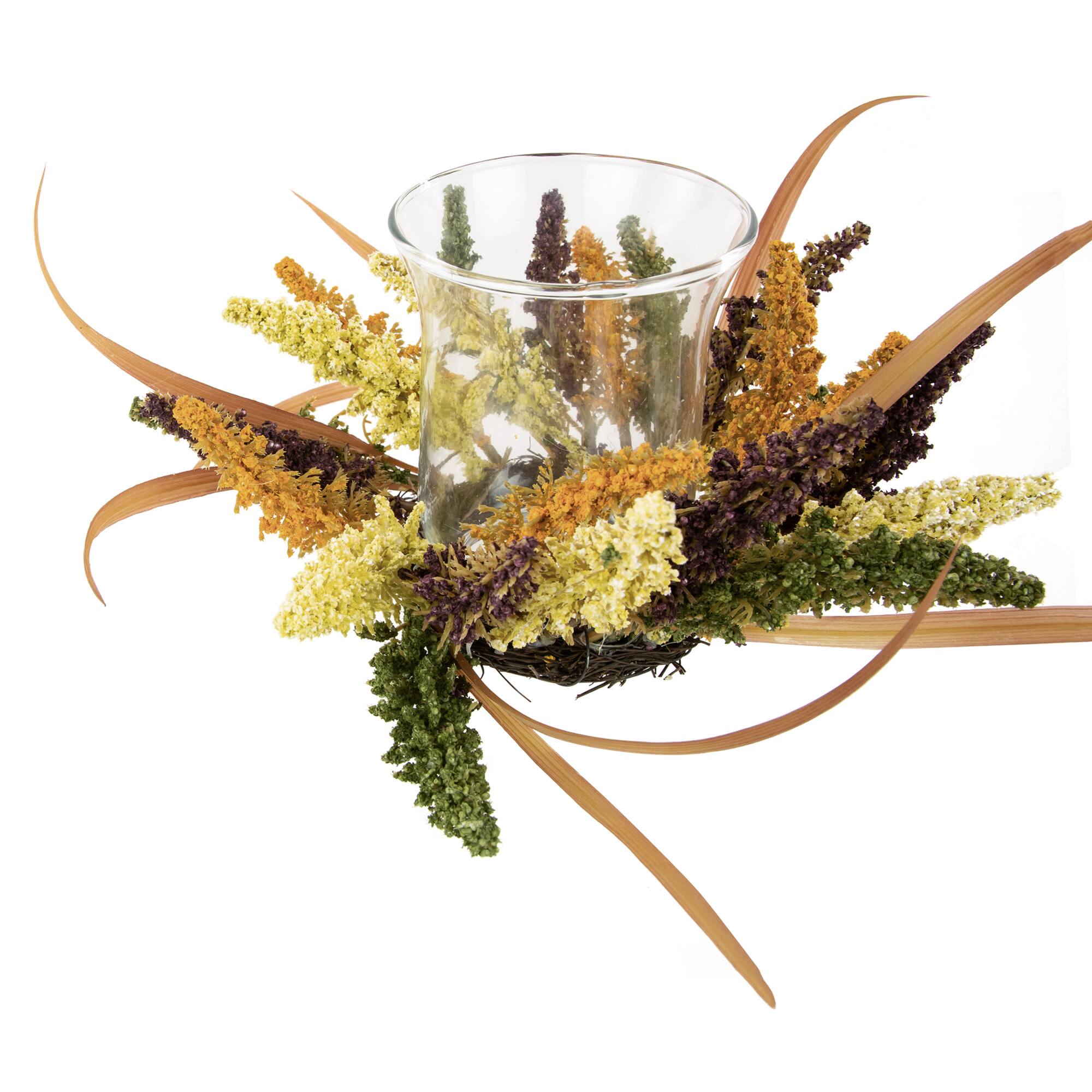 18" Autumn Harvest Pillar Candle Holder with Artificial Fall Foliage